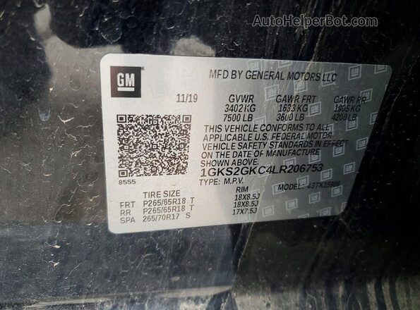 1GKS2GKC4LR206753 2020 GMC YUKON Black VIN კოდის სტიკერის ხედი
