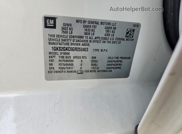 1GKS2GKC6GR250453 2016 GMC YUKON White Շարժիչի բաժամունքի տեսք