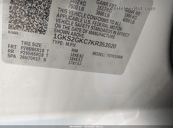 1GKS2GKC7KR353020 2019 GMC YUKON Silver Engine compartment view