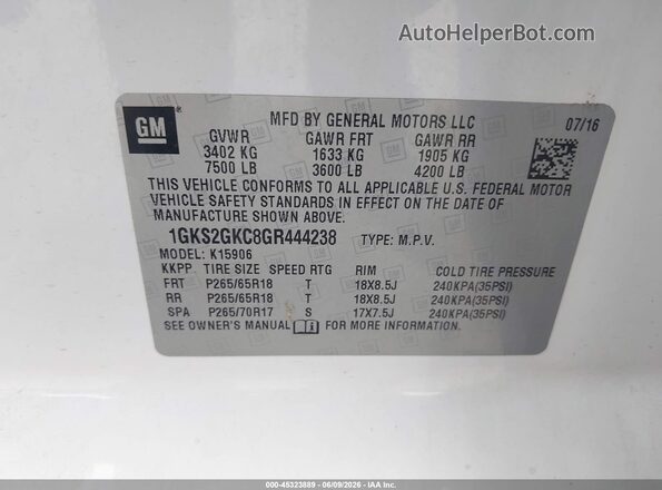 1GKS2GKC8GR444238 2016 GMC YUKON White Widok komory silnika