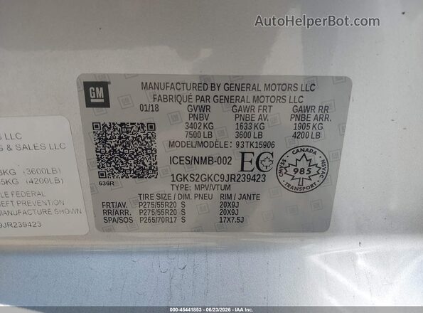 1GKS2GKC9JR239423 2018 GMC YUKON Silver Engine compartment view