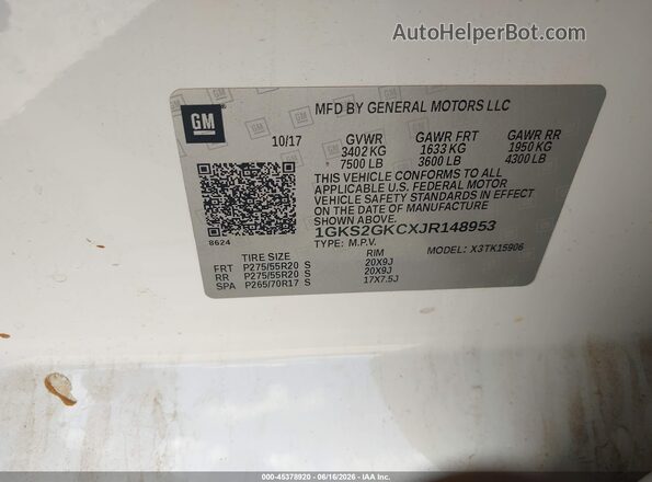 1GKS2GKCXJR148953 2018 GMC YUKON White Vista del compartimento del motor