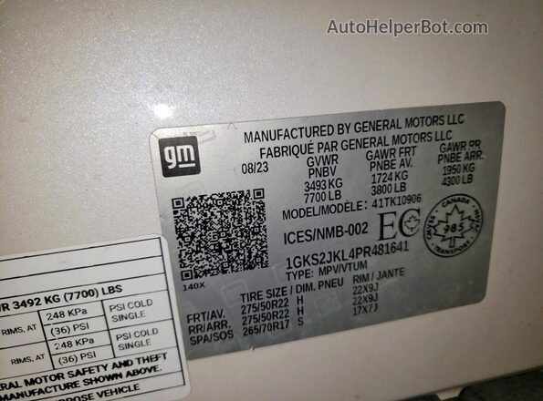 1GKS2JKL4PR481641 2023 GMC YUKON White VIN կոդի պիտակի տեսք