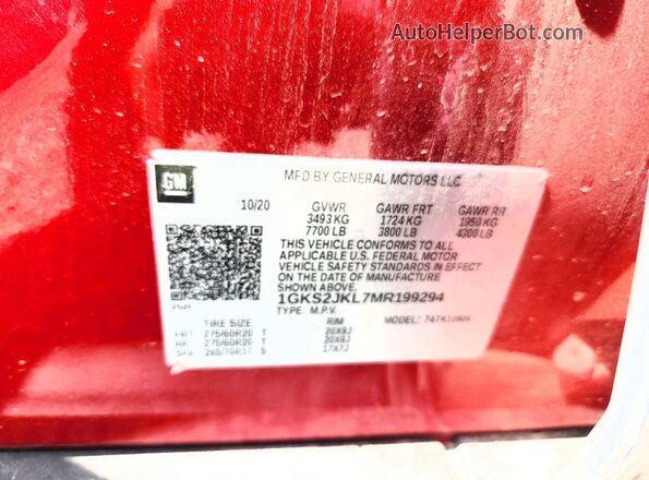 1GKS2JKL7MR199294 2021 GMC YUKON Red VIN კოდის სტიკერის ხედი