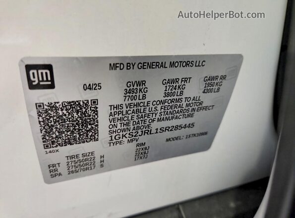 1GKS2JRL1SR285445 2025 GMC YUKON White VIN կոդի պիտակի տեսք