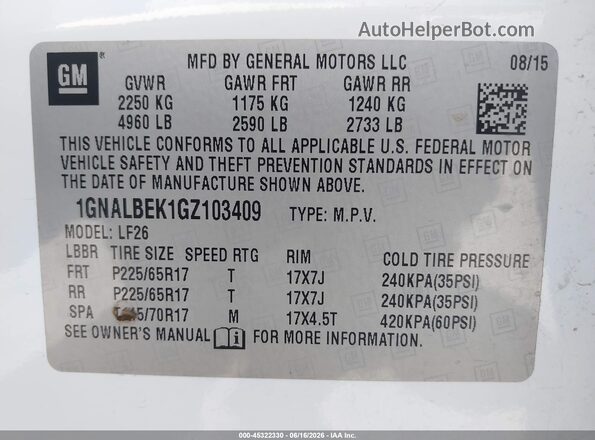 1GNALBEK1GZ103409 2016 CHEVROLET EQUINOX White Widok komory silnika
