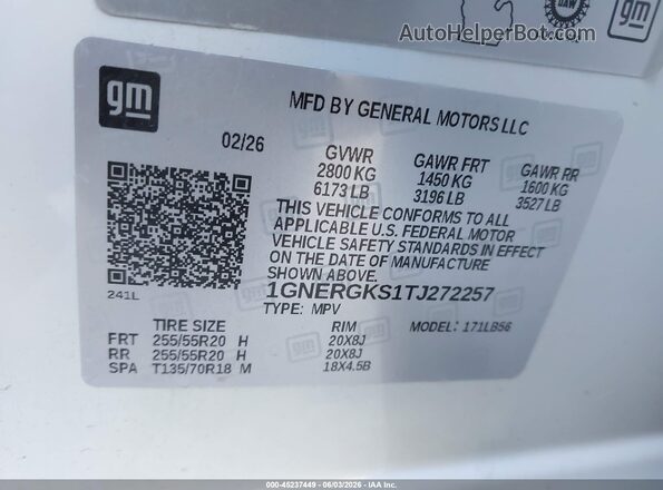 1GNERGKS1TJ272257 2026 CHEVROLET TRAVERSE White Widok komory silnika