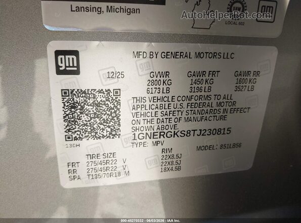 1GNERGKS8TJ230815 2026 CHEVROLET TRAVERSE Gray Vista del compartimento del motor