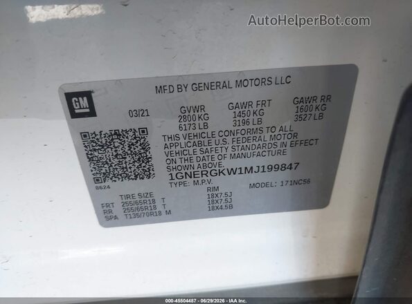 1GNERGKW1MJ199847 2021 CHEVROLET TRAVERSE White Engine compartment view