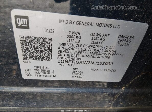 1GNERGKW2NJ133003 2022 CHEVROLET TRAVERSE Blue Вид підкапотного простору