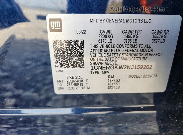 1GNERGKW2NJ159262 2022 CHEVROLET TRAVERSE Синий Вид наклейки с VIN-кодом