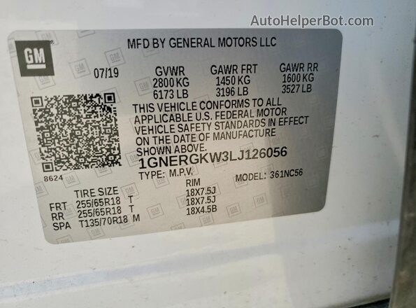 1GNERGKW3LJ126056 2020 CHEVROLET TRAVERSE Белый Вид наклейки с VIN-кодом