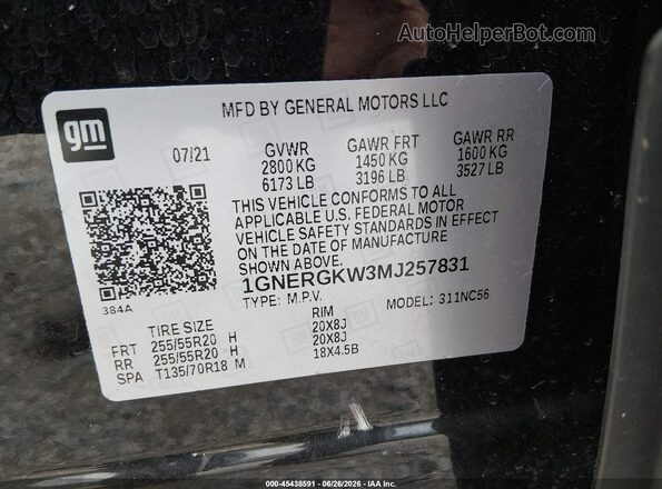 1GNERGKW3MJ257831 2021 CHEVROLET TRAVERSE Black ძრავის განყოფილების ხედი
