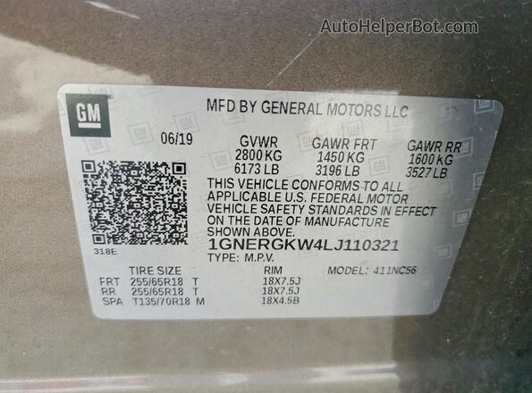 1GNERGKW4LJ110321 2020 CHEVROLET TRAVERSE Brown VIN sticker view