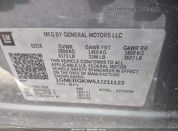 1GNERGKW5JJ211123 2018 CHEVROLET TRAVERSE Gray Вид підкапотного простору