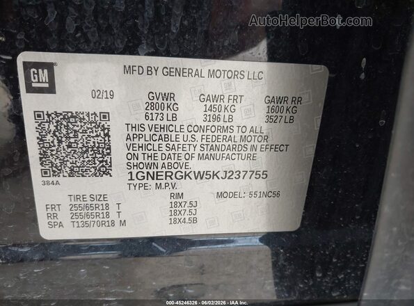 1GNERGKW5KJ237755 2019 CHEVROLET TRAVERSE Black Вид підкапотного простору