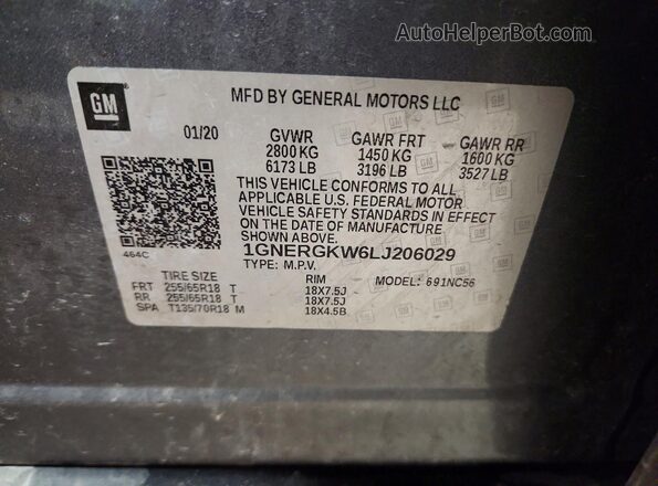 1GNERGKW6LJ206029 2020 CHEVROLET TRAVERSE Gray Vista interior de 360 grados
