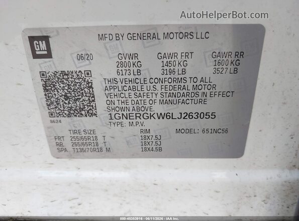 1GNERGKW6LJ263055 2020 CHEVROLET TRAVERSE White Widok komory silnika