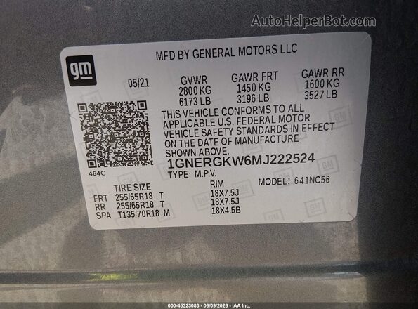 1GNERGKW6MJ222524 2021 CHEVROLET TRAVERSE Gray Вид підкапотного простору