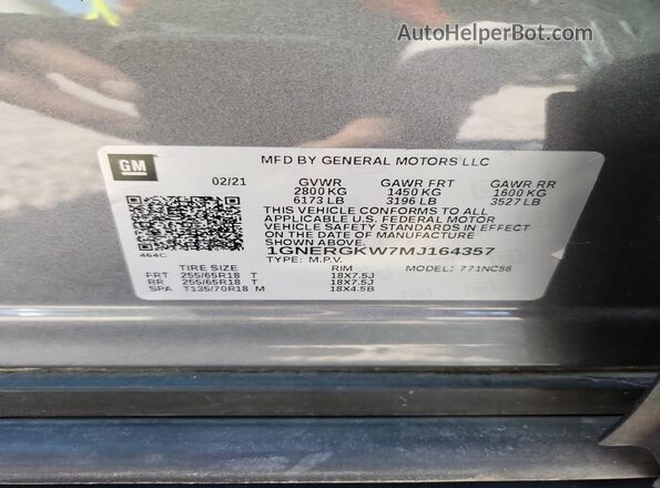 1GNERGKW7MJ164357 2021 CHEVROLET TRAVERSE Gray VIN կոդի պիտակի տեսք