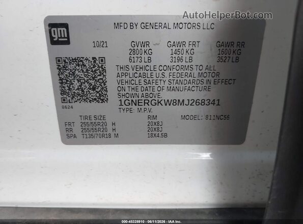 1GNERGKW8MJ268341 2021 CHEVROLET TRAVERSE White Widok komory silnika