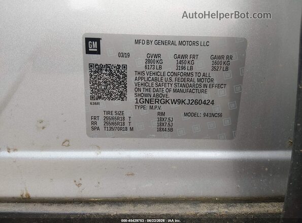 1GNERGKW9KJ260424 2019 CHEVROLET TRAVERSE Silver Շարժիչի բաժամունքի տեսք