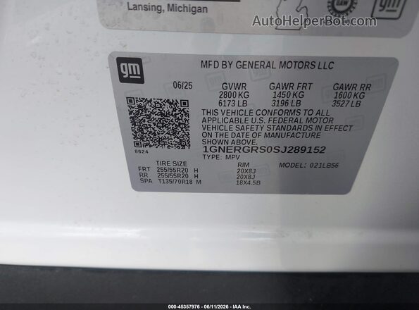 1GNERGRS0SJ289152 2025 CHEVROLET TRAVERSE White Vista del compartimento del motor