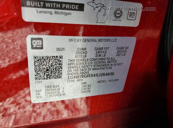 1GNERGRS4SJ264836 2025 CHEVROLET TRAVERSE Red VIN կոդի պիտակի տեսք