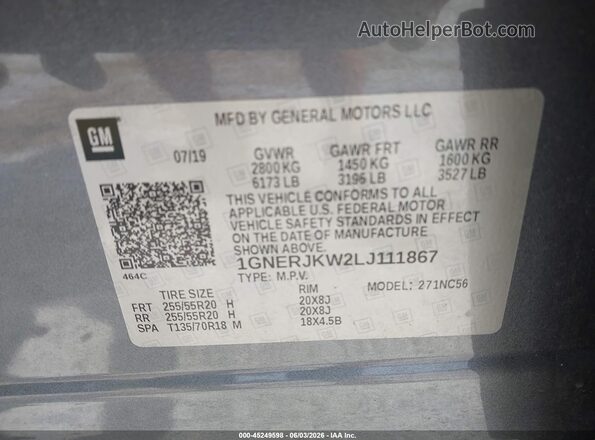 1GNERJKW2LJ111867 2020 CHEVROLET TRAVERSE Gray Շարժիչի բաժամունքի տեսք