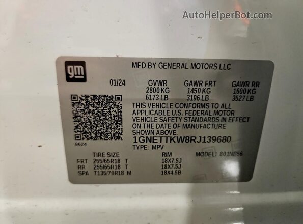 1GNETTKW8RJ139680 2024 CHEVROLET TRAVERSE White VIN sticker view