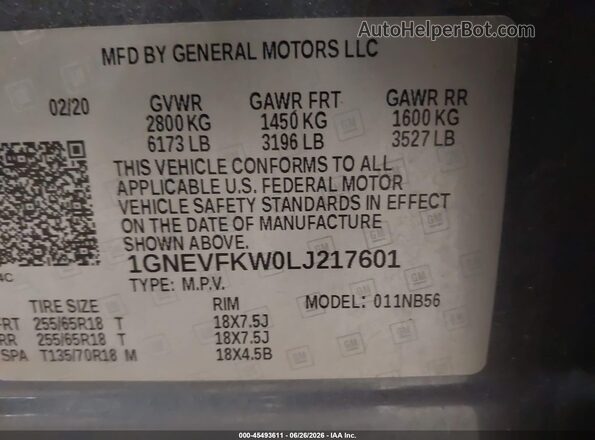 1GNEVFKW0LJ217601 2020 CHEVROLET TRAVERSE Gray Вид підкапотного простору
