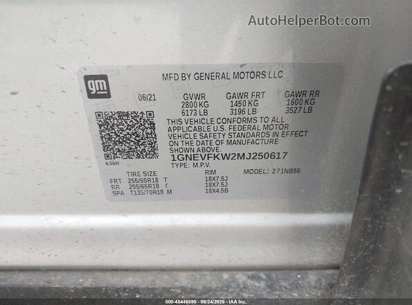 1GNEVFKW2MJ250617 2021 CHEVROLET TRAVERSE Серебряный Вид подкапотного пространства