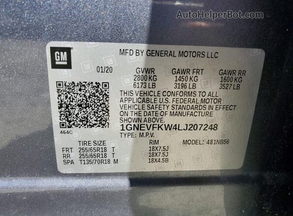 1GNEVFKW4LJ207248 2020 CHEVROLET TRAVERSE Gray Вид наклейки з VIN-кодом