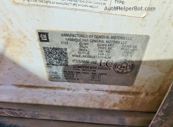 1GNEVGKW0KJ191571 2019 CHEVROLET TRAVERSE White Вид підкапотного простору