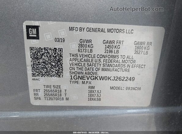 1GNEVGKW0KJ262249 2019 CHEVROLET TRAVERSE Gray Շարժիչի բաժամունքի տեսք