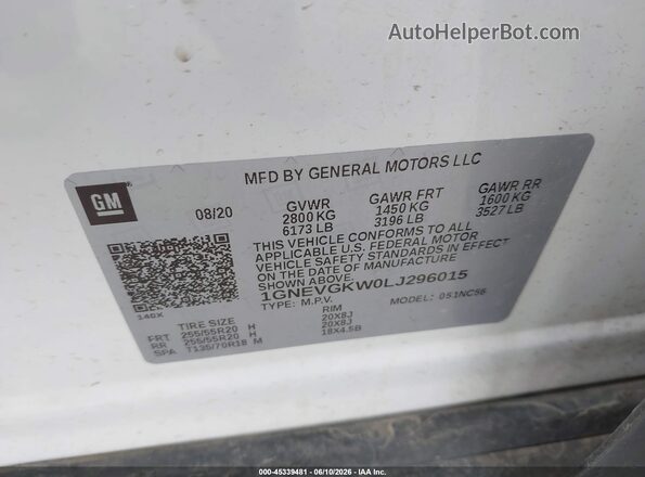 1GNEVGKW0LJ296015 2020 CHEVROLET TRAVERSE Белый Вид подкапотного пространства