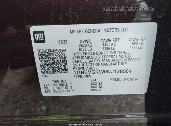 1GNEVGKW0NJ138504 2022 CHEVROLET TRAVERSE Black Vista del compartimento del motor