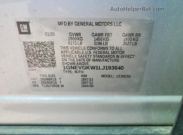 1GNEVGKW1LJ193640 2020 CHEVROLET TRAVERSE Silver Vista de la etiqueta del VIN