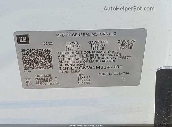 1GNEVGKW1MJ147131 2021 CHEVROLET TRAVERSE White Շարժիչի բաժամունքի տեսք