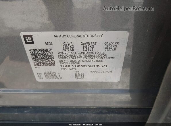 1GNEVGKW1MJ189671 2021 CHEVROLET TRAVERSE Gray ძრავის განყოფილების ხედი