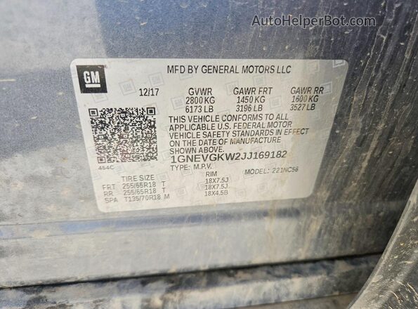 1GNEVGKW2JJ169182 2018 CHEVROLET TRAVERSE Gray Vista de la etiqueta del VIN