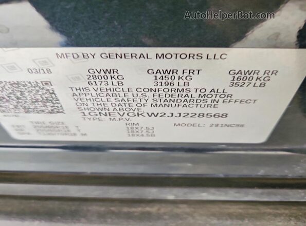 1GNEVGKW2JJ228568 2018 CHEVROLET TRAVERSE Gray VIN sticker view