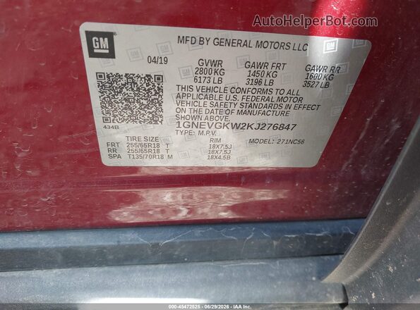 1GNEVGKW2KJ276847 2019 CHEVROLET TRAVERSE Красный Вид подкапотного пространства