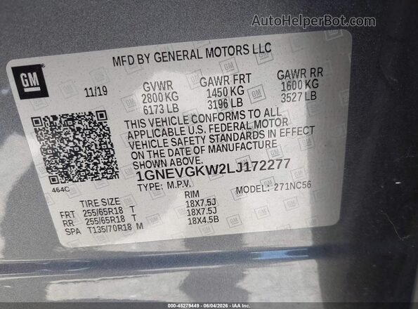 1GNEVGKW2LJ172277 2020 CHEVROLET TRAVERSE Gray Vista del compartimento del motor