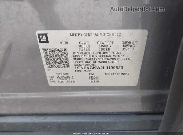1GNEVGKW2LJ199530 2020 CHEVROLET TRAVERSE Gray Շարժիչի բաժամունքի տեսք