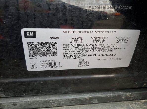 1GNEVGKW2LJ320217 2020 CHEVROLET TRAVERSE Black Widok naklejki z numerem VIN