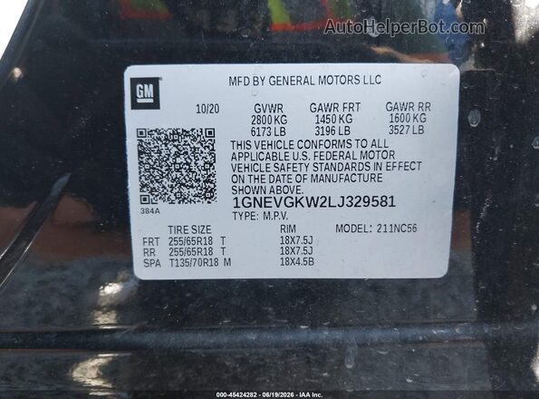 1GNEVGKW2LJ329581 2020 CHEVROLET TRAVERSE Black Vista del compartimento del motor
