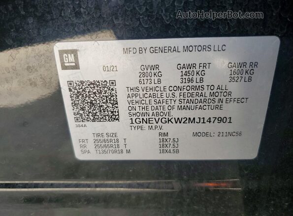 1GNEVGKW2MJ147901 2021 CHEVROLET TRAVERSE Black Вид наклейки з VIN-кодом