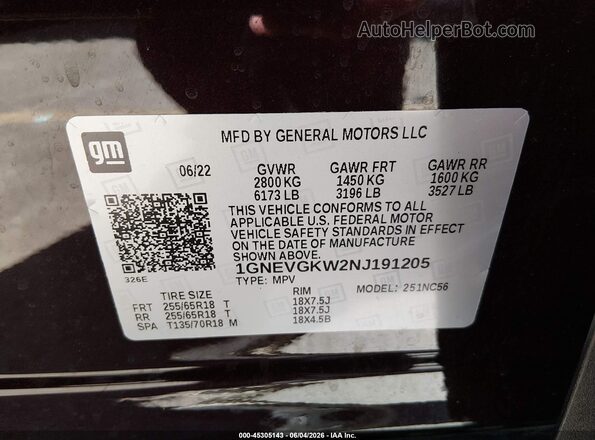 1GNEVGKW2NJ191205 2022 CHEVROLET TRAVERSE Burgundy Вид підкапотного простору