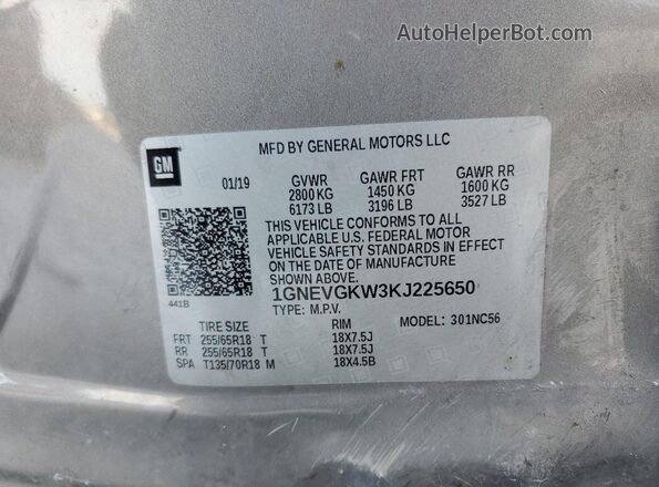 1GNEVGKW3KJ225650 2019 CHEVROLET TRAVERSE Silver 